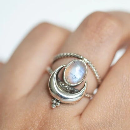 Oval Moon Phase Ring with Rainbow Moonstone