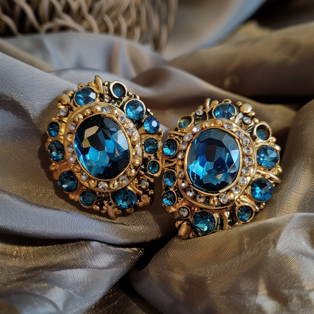 Gold Earrings with Blue Crystal Accents