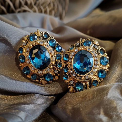 Gold Earrings with Blue Crystal Accents