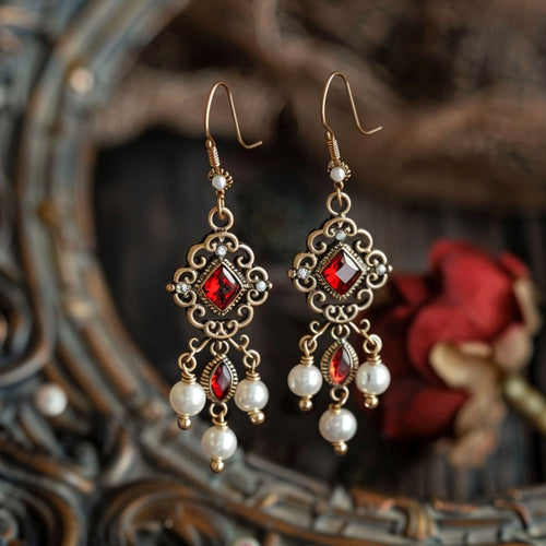Crimson Crystal and Pearl Earrings