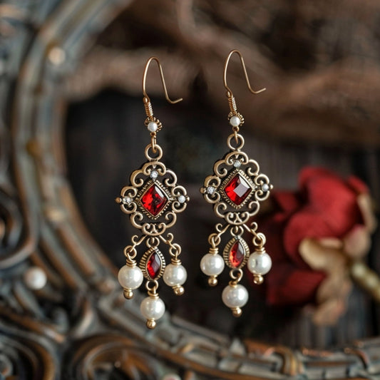 Crimson Crystal and Pearl Earrings