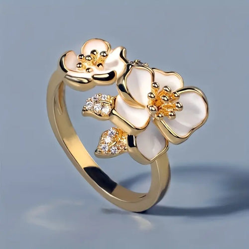 Antique White Enamel Floral Gold Ring
