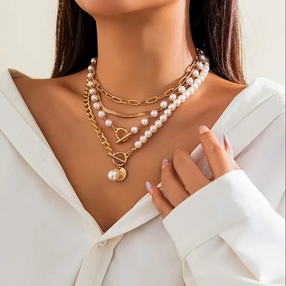 Classic Pearl and Gold Snake Chain Jewelry Set | Gold Tone