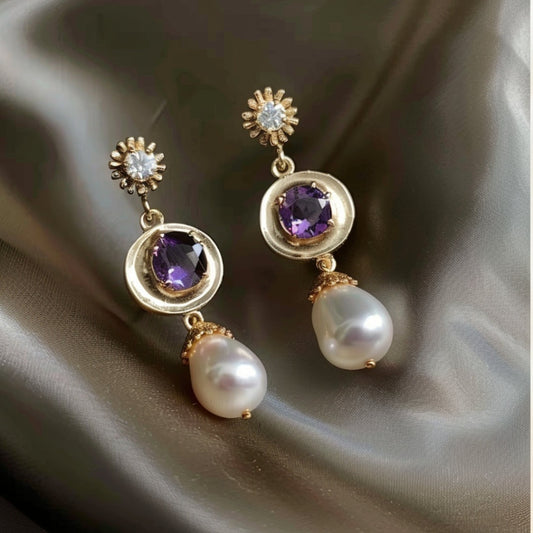 Elegant Round Golden Purple Zirconia Pearl Earrings