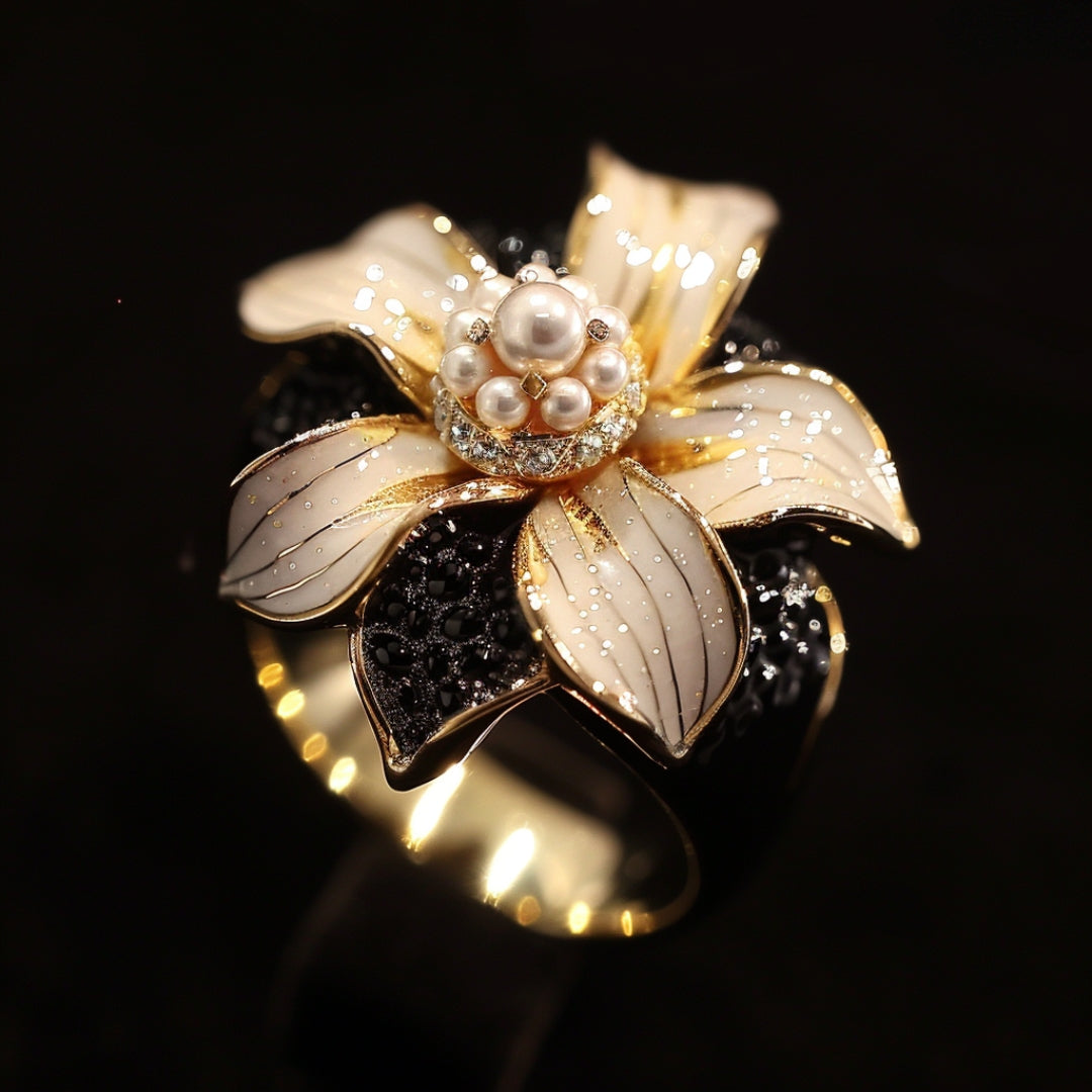 Open Blossom Ring with Gold Pearl