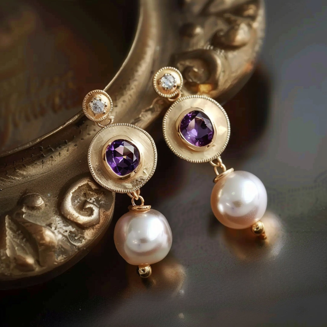 Radiant Golden and Purple Pearl Earrings