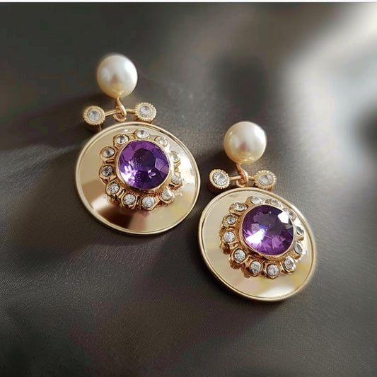 Round Golden Purple Zirconia Earrings