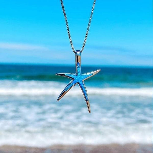 Silver Starfish Necklace with Blue Opal Accents