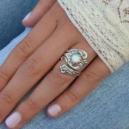 Adjustable Ring with White Opal Spoon Design