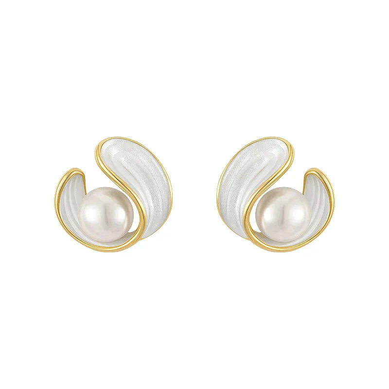 Elegant Gold Earrings Featuring White Opals and Pearls