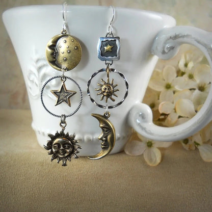 Celestial Sun and Moon Pendant Earrings