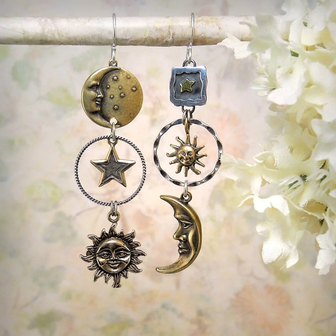 Celestial Sun and Moon Pendant Earrings