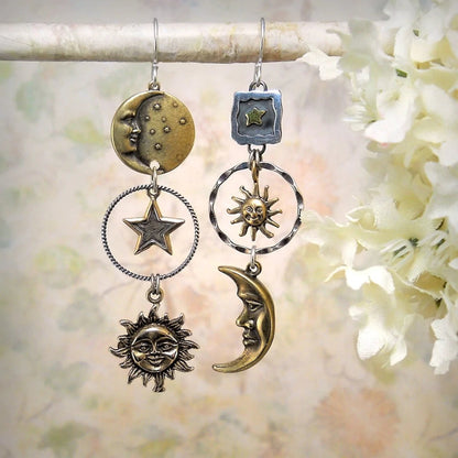Celestial Sun and Moon Pendant Earrings