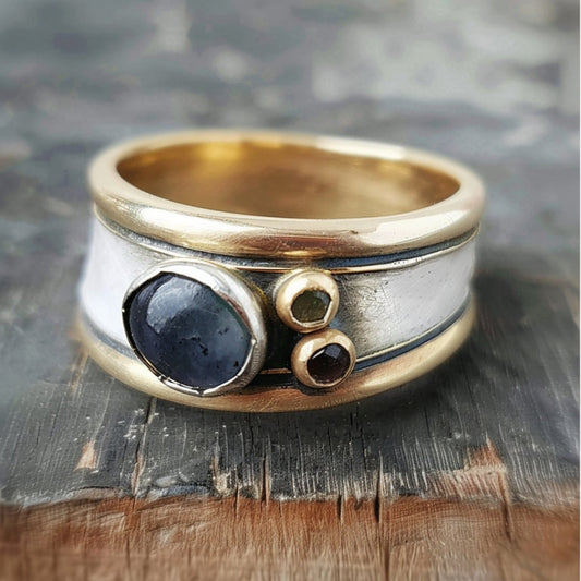 Blue Stone Ring with Gold and Silver Inlay