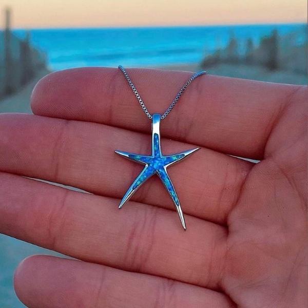 Silver Starfish Necklace with Blue Opal Accents