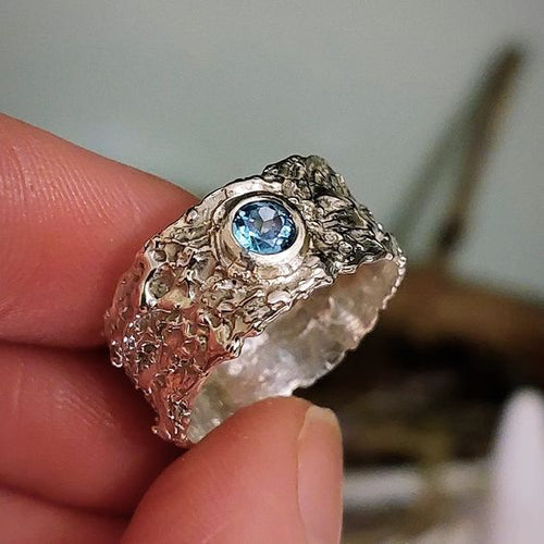Antique Blue Inlaid Crystal Silver Forged Ring