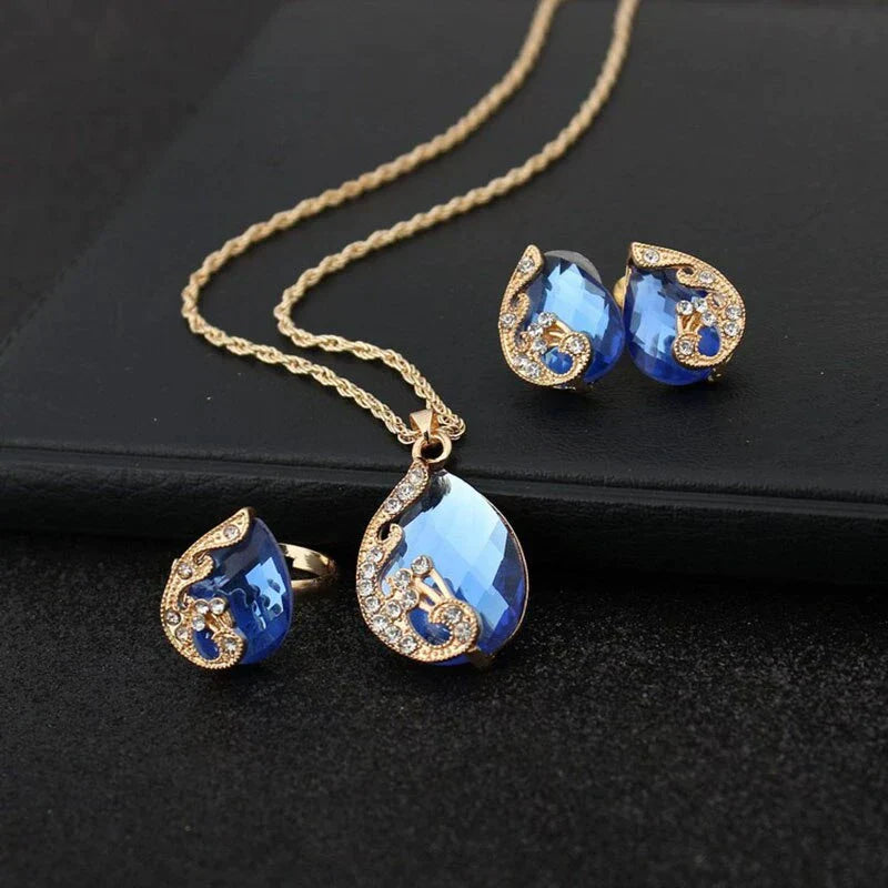 Gold Blue Crystal Necklace and Earring Set
