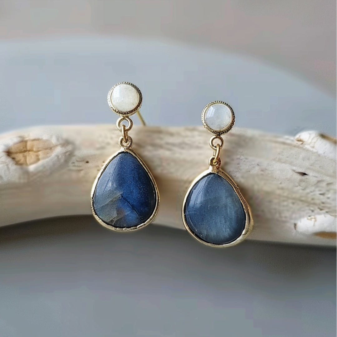 Blue Inlaid Pearl Drop Earrings with Stone Accents