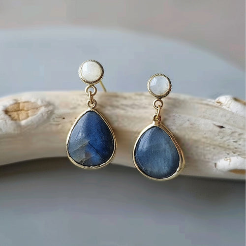 Blue Inlaid Pearl Drop Earrings with Stone Accents