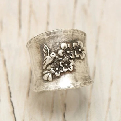 Wide Band Ring with Bird and Floral Design