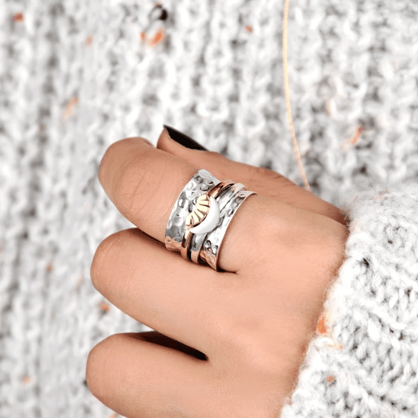 Celestial Spinner Ring: Sun and Moon Design