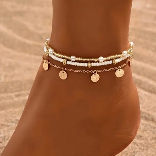 Gold 3-Piece Layered Anklet Set - 'Coastal Magic'