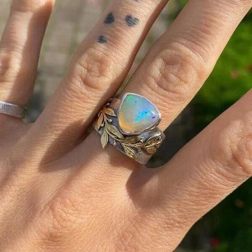 Opal Ring with Leaf-Inspired Geometric Design