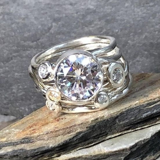 Antique Silver Multi-Layered Zirconia Ring