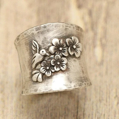 Wide Band Ring with Bird and Floral Design