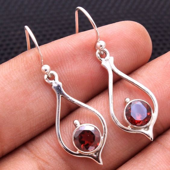 Retro Silver Earrings with Red Crystal Drops