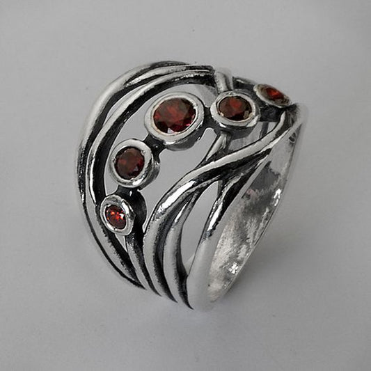 Layered Silver Ring with Vintage Red Crystals