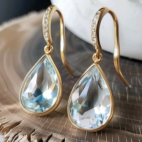 Elegant Blue Crystal Water Drop Earrings with Gold Accents