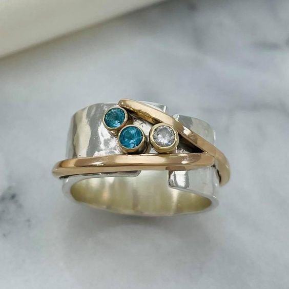 Retro Gold and Silver Turquoise Crystal Ring