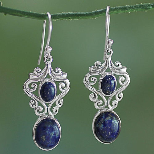 Antique Silver Earrings with Blue Stone Accents