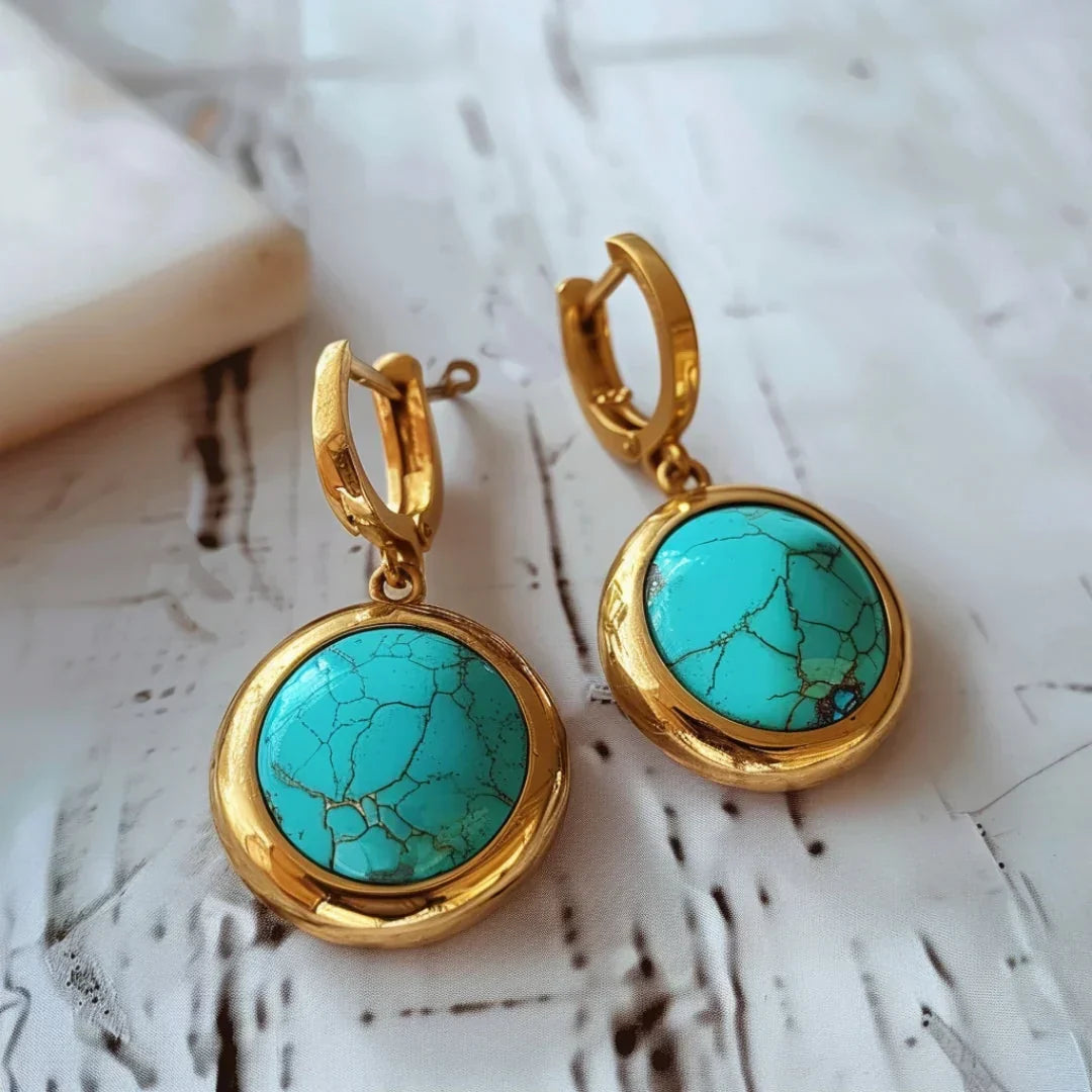 Retro Gold Earrings with Inlaid Blue Stone