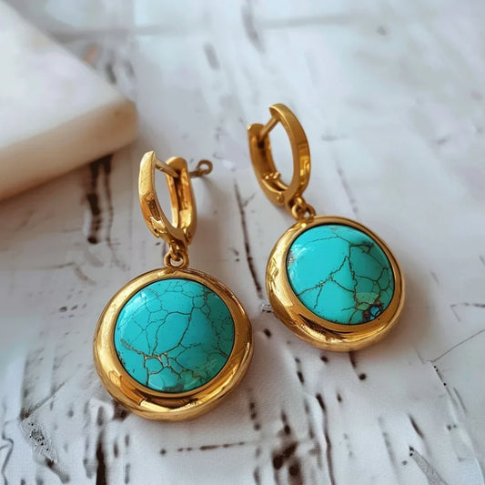 Retro Gold Earrings with Inlaid Blue Stone
