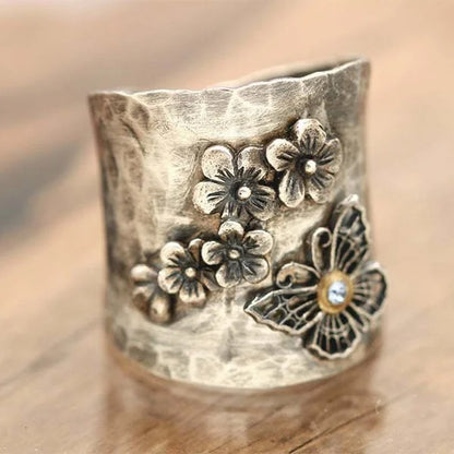 Wide Band Ring with Bee, Flower, and Butterfly Design