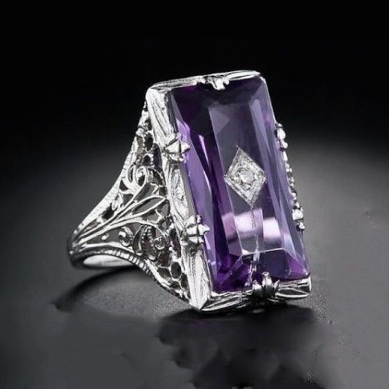 Antique Rectangular Purple Glass Silver Ring