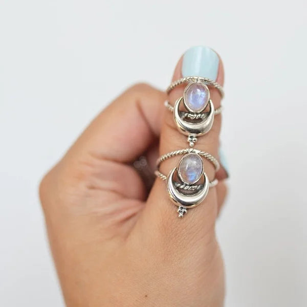 Oval Moon Phase Ring with Rainbow Moonstone
