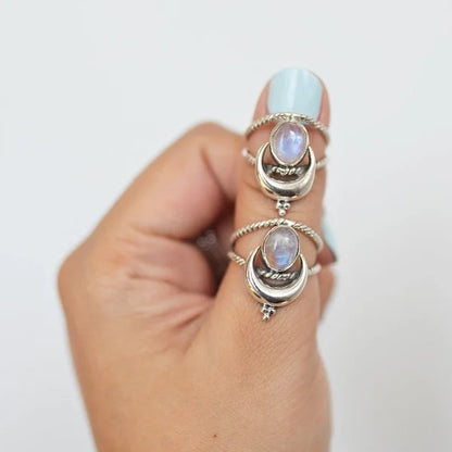 Oval Moon Phase Ring with Rainbow Moonstone