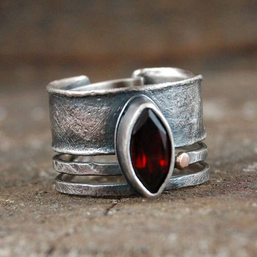 Antique Oval Red Crystal Silver Ring