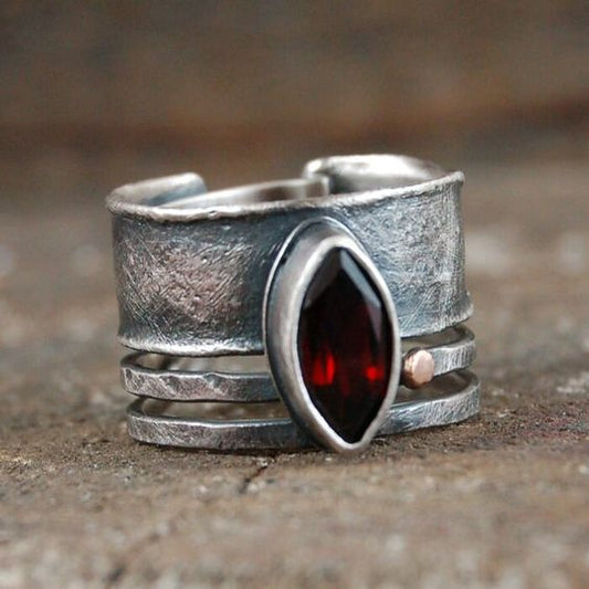 Antique Oval Red Crystal Silver Ring