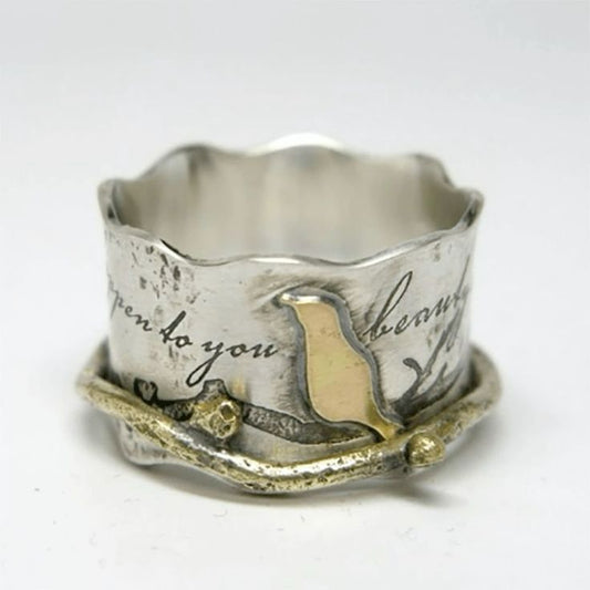 Antique Silver Ring with Vintage Golden Bird Design