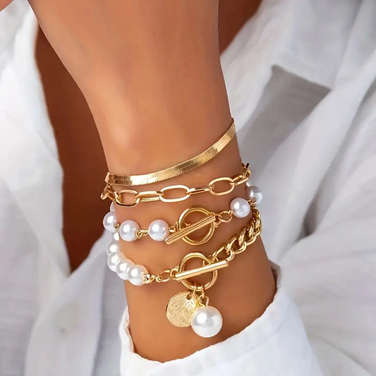 Chic 4-Piece Gold Bracelet Set – Featuring Snake Design, Pearls, and Links