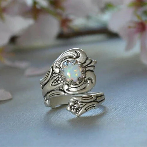 Adjustable Ring with White Opal Spoon Design