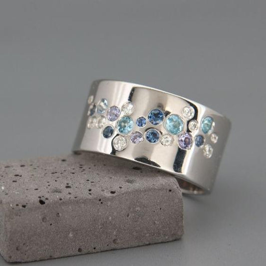 Antique Silver Ring with Inlaid Blue Crystals