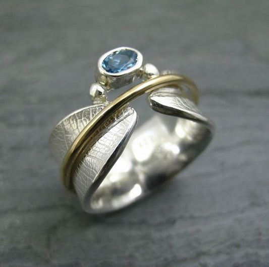 Retro Aquamarine Leaf Spinner Ring