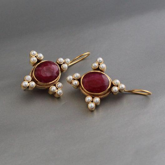 Classic Red Stone and Pearl Vintage Earrings