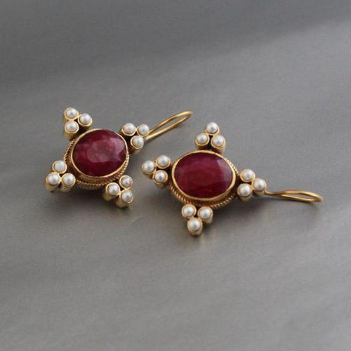 Classic Red Stone and Pearl Vintage Earrings