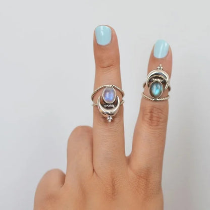 Oval Moon Phase Ring with Rainbow Moonstone